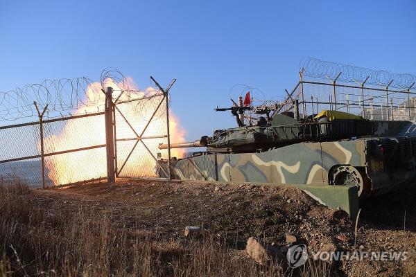 The South Korean military stages live-fire drills on Baengnyeong Island on Jan. 5, 2024, after North Korea fired 120 rounds of artillery shells near the western sea border, in this photo provided by the defense ministry. (PHOTO NOT FOR SALE) (Yonhap)