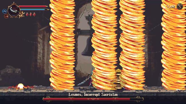 The Penitent One standing just outside of Lesmes, Incorrupt Sacristan's, Flame Cyclone attack in Blasphemous 2