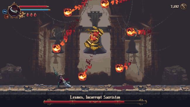 The Penitent One running away to evade the Rotating Flame Orbs attack from Lesmes, Incorrupt Sacristan, in Blasphemous 2