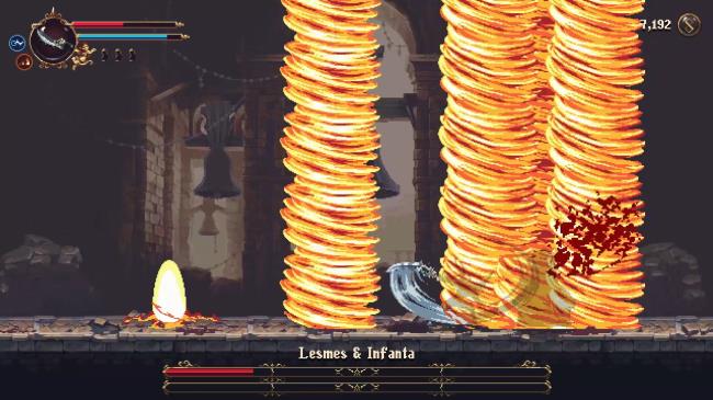 The Penitent One attack Lesmes during their Flame Cyclone attack in Blasphemous 2