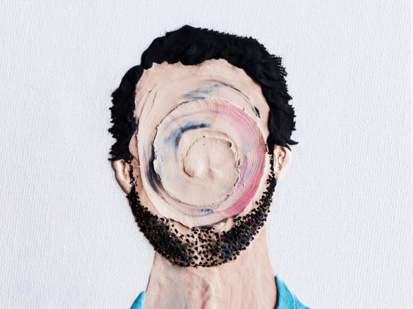 Flat portrait of a person made out of clay with face smudged around in a swirl