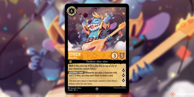 Image of the Stitch Rock Star card in Lorcana, with art by Simangaliso Sibaya