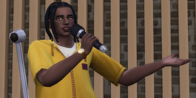 A Sim from The Sims 4 talking into a microphone