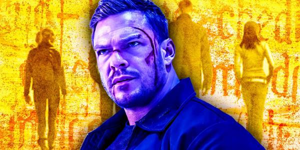 Alan Ritchson as Jack Reacher with a bloodied face and Reacher book cover behind him