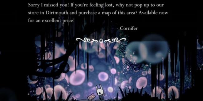 The Knight looking at Cornifer's note to buy maps in Dirtmouth.