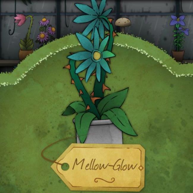 ? A blue, sharp-looking flower with a thick stalk covered in orange spikes called Mellow-Glow in Strange Horticulture