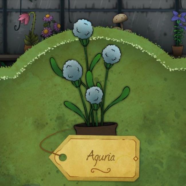 A bushy, pastel blue flower that looks much like a cotton ball called Aguria in Strange Horticulture