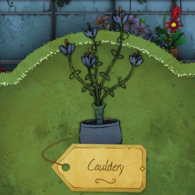 A small, deep blue flower with one singular pistil stretching out from its center. It grows from a thin stem with small leaves. It is called Cauldery in Strange Horticulture