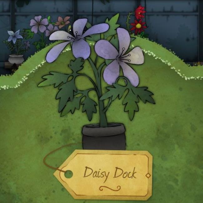 A blueish purple flower with three stamens pointing in all directions. Its leaves grow in threes. It is called Daisy Dock in Strange Horticulture.