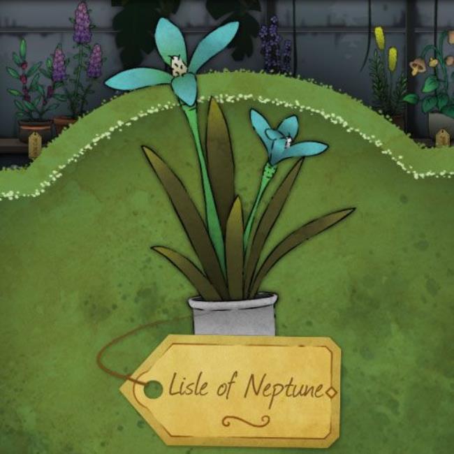 A blue flower with sparse petals. The pistil is white and peculiarly textured. It is called Lisle-of-Neptune in Strange Horticulture.