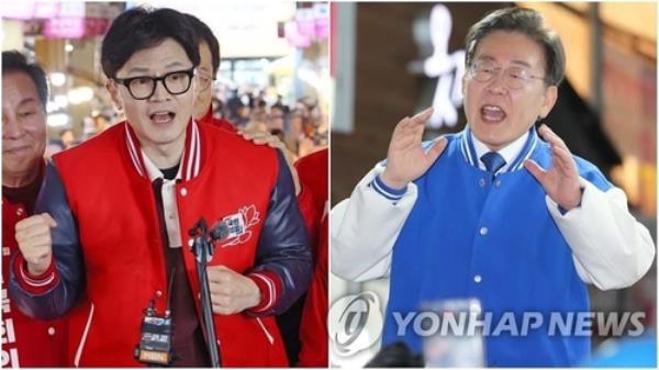 Ruling People Power Party leader Han Dong-hoon (L) and the main opposition Democratic Party leader, Rep. Lee Jae-myung.