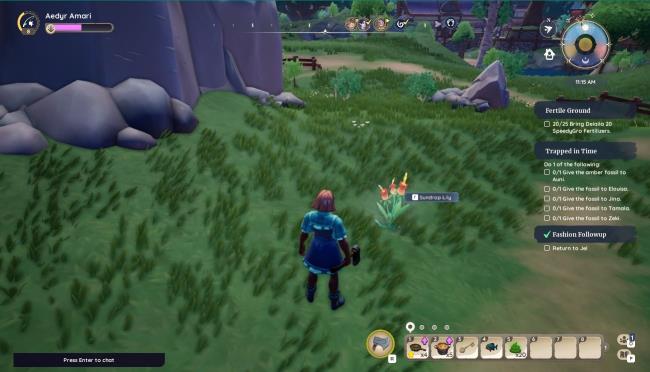 Player character standing next to a spawned Sundrop Lily near Kilima Village in Palia.