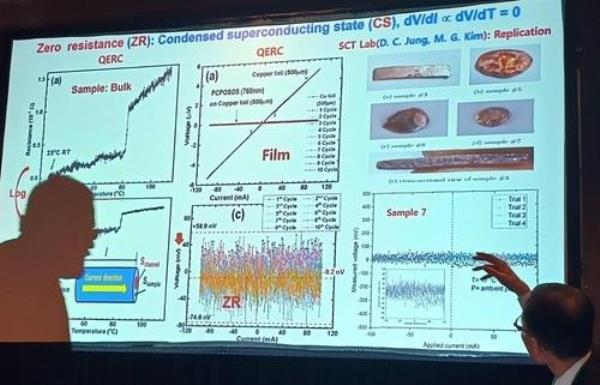 This photo captured from Petr Cermak's account on X, formerly known as Twitter, shows a presentation on PCPOSOS by professor Kim Hyun-tak at an American Physical Society session in Minneapolis on March 4, 2024. (PHOTO NOT FOR SALE) (Yonhap)