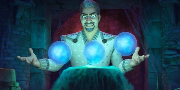 King Magnifico in Wish is smiling menacingly with three magical balls in front of him.