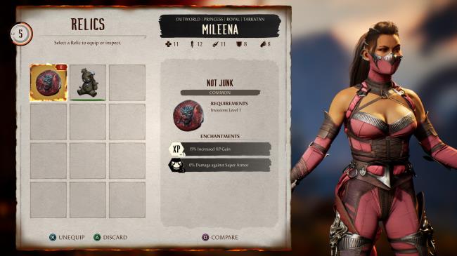 The Not Junk Relic in Mortal Kombat 1, showcasing its massive 15 Percent increase in EXP Accumulation.