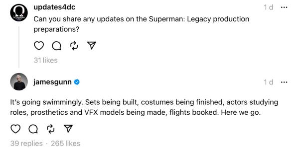James Gunn gives an update on Superman: Legacy production via Threads