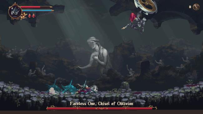 The Faceless One, Chisel of Oblivion, getting ready to toss their large wheel toward the Penitent One after leaping high into the air in Blasphemy 2