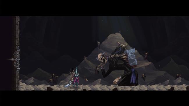 The Penitent One approaching Great Preceptor Radames in Blasphemous 2