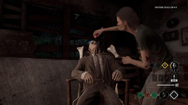 The Hitchhiker feeding Grandpa inside of the Gas Station house.