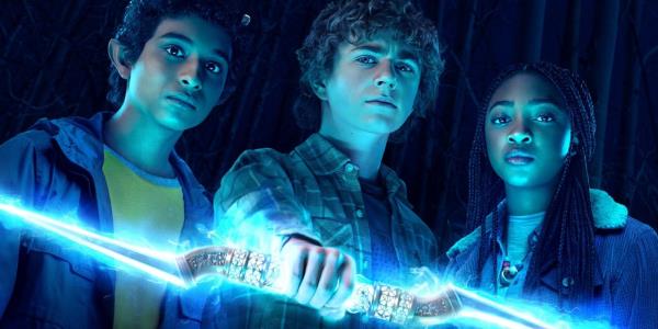 Percy Jackson holding Zeus' lightning bolt in Percy Jackson and the Olympians.