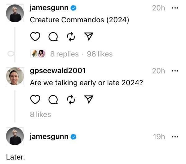 On Threads, James Gunn reveals that Creature Commandos debuts in Late 2024