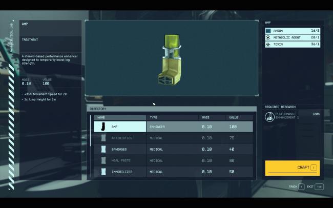 Crafting menu for stimulants in Starfield.