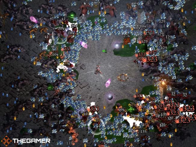 Halls Of Torment player generating upgraded experience cystals in Haunted Caverns.