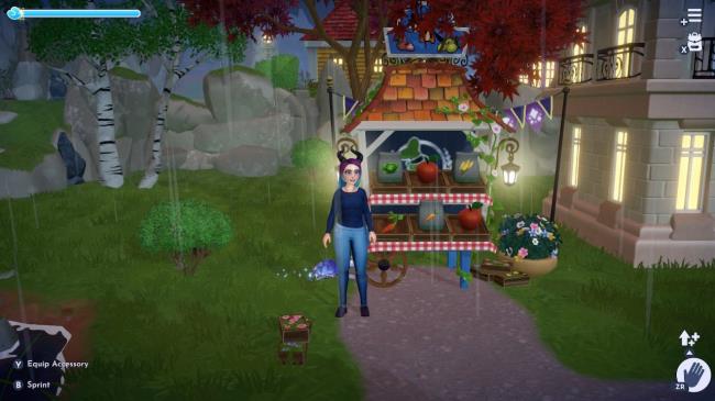 Disney Dreamlight Valley Peaceful Meadow stall showing seeds for sale with an avatar standing to the left of the stall.