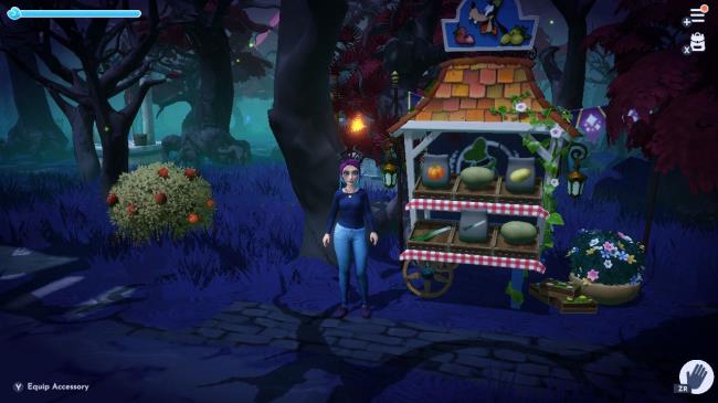 Disney Dreamlight Valley Forgotten Lands biome seed stall with avatar next to it on the left. Gooseberry bush on the far left.