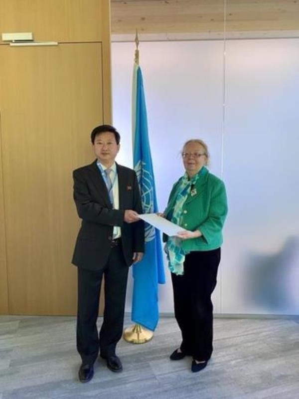 Jo Chol-su (L), the new North Korean ambassador to the United Nations Office at Geneva, presents his credentials to Tatiana Valovaya, director-general of the U.N. office, on May 10, 2024, in this photo posted on the U.N. website. (PHOTO NOT FOR SALE) (Yonhap)