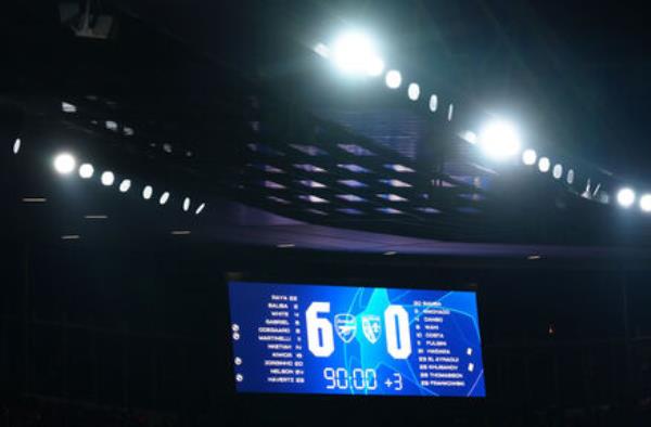 A view of the scoreboard reading 6-0 to Arsenal. Photo credit: John Walton/PA Wire.