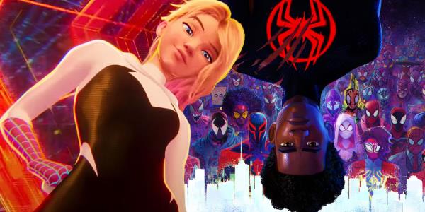 Gwen Stacy from Spider-Man Across the Spider-Verse next to the film's poster
