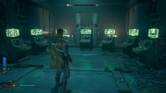 Star Wars Jedi Survivor Screenshot Of Cal Looking At Collection Of Green Screens