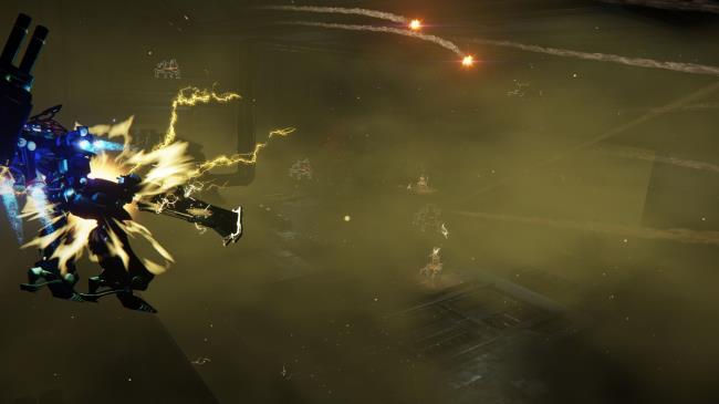 Player fighting enemies while there is a dangerous yellow gas Armored Core 6