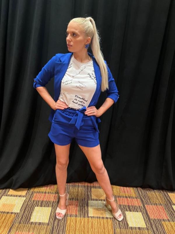 Jessica wearing blue shorts