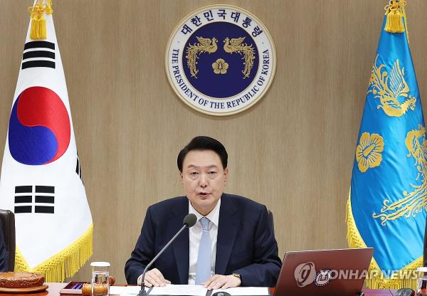 President Yoon Suk Yeol speaks during a Cabinet meeting at the presidential office in Seoul on April 16, 2024. (Yonhap)
