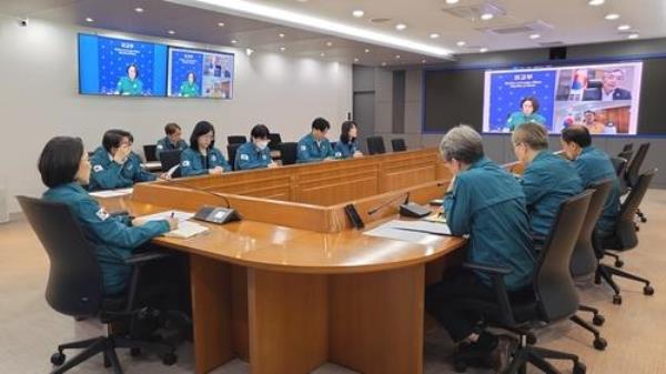 A photo provided by the foreign ministry on April 19, 2024, shows a meeting in Seoul held to review the safety of South Koreans in Iran and Israel amid escalating tensions in the Middle East. (PHOTO NOT FOR SALE) (Yonhap)