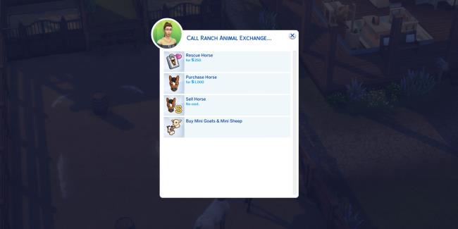 Arrows point to a home button and a Call Ranch Animal Exchange button on a Sims 4 cell phone.