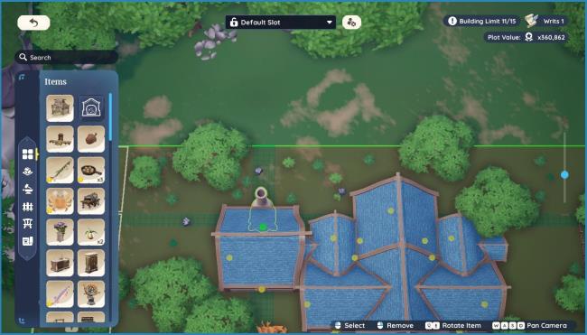 Player character standing next to a housing addition standee with the option to interact with it in Palia. 